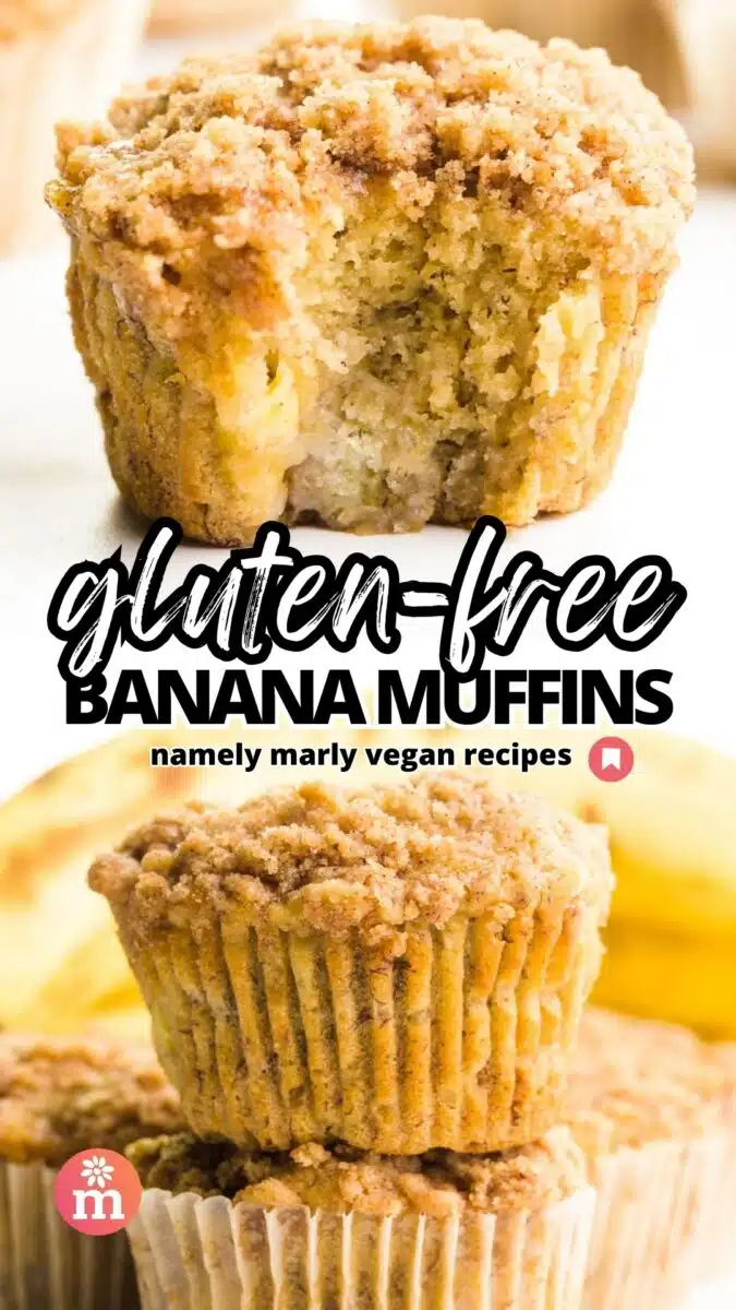 A muffin with a bite taken out is the top image and the bottom image shows a stack of muffins in front of bananas. The text reads, Gluten-Free Banana Muffins, Namely Marly Vegan Recipes.