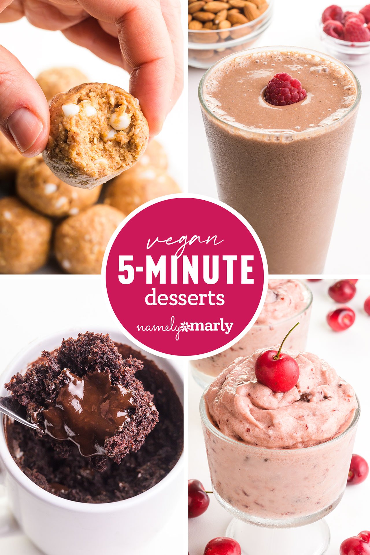 A collage of four photos shows different desserts such as a chocolate smoothie and a mug cake. The text reads, 5-Minute Vegan Desserts; Namely Marly Vegan Recipes.