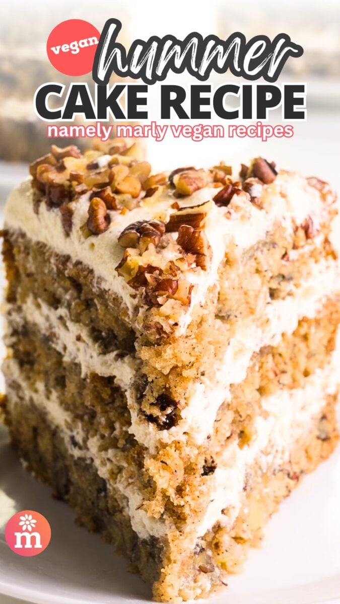 A closeup of a three-layer cake with white frosting and chopped pecans on top has this text at the top: Vegan Hummer Cake Recipe, Namely Marly Vegan Recipes.