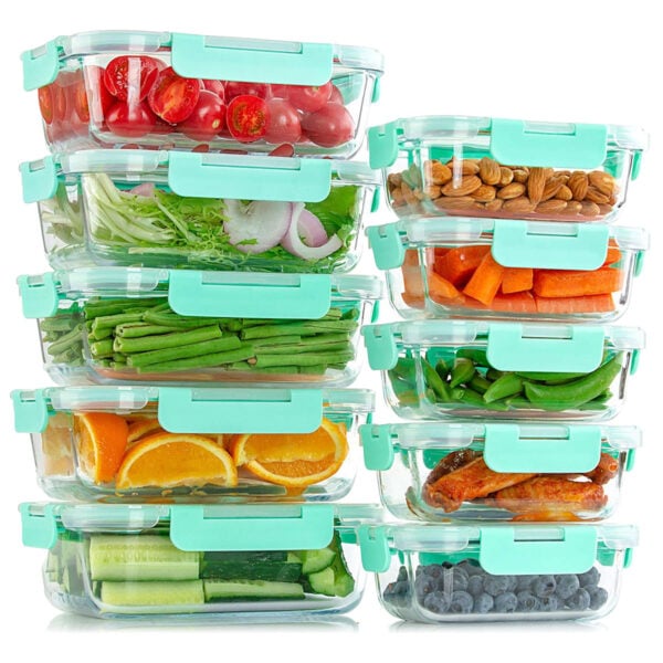 glass storage container set stacked with various food inside