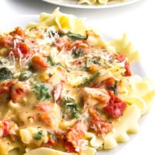 A thick, creamy marry me sauce is served over noodles.