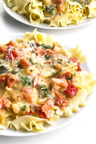A thick, creamy marry me sauce is served over noodles.