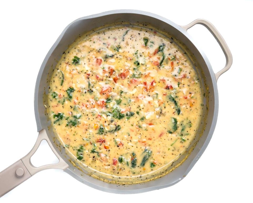 Looking down on a pan full of vegan marry me sauce.