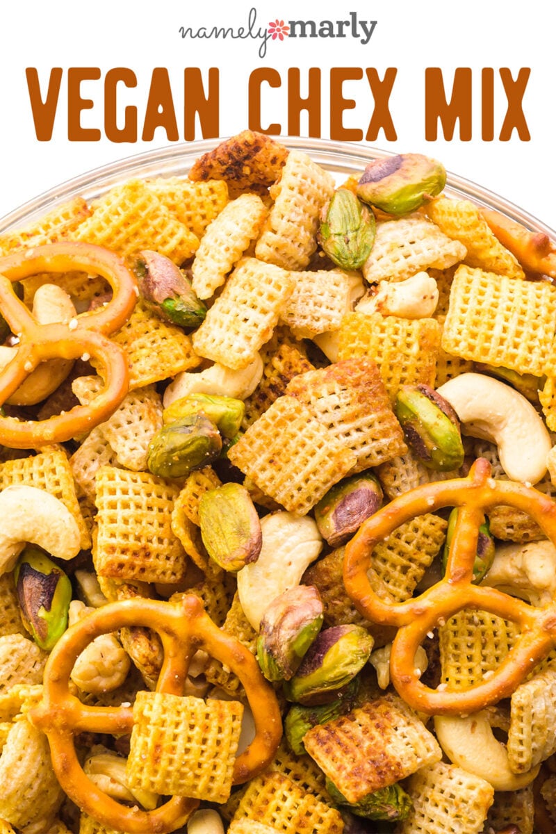 Looking down on a bowl of chex mix with text that says, Vegan Chex Mix