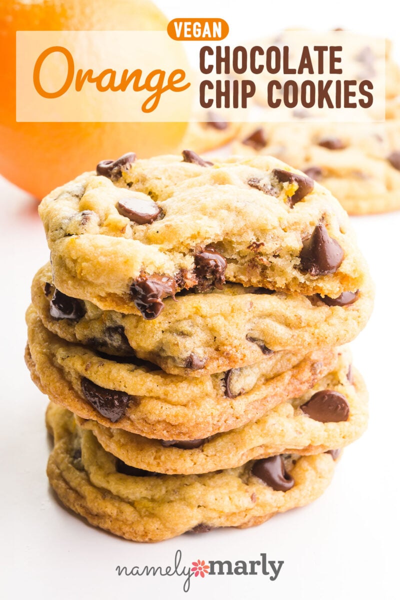 Vegan Orange Chocolate Chip Cookies with image of a stack of cookies. The top cookie has a bite taken out.