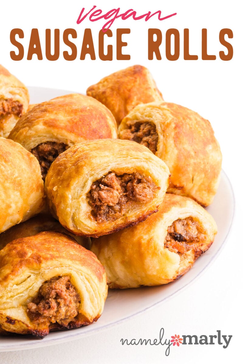 Vegan Sausage Rolls with image of a stack of plant-based sausage wrapped in puff pastry