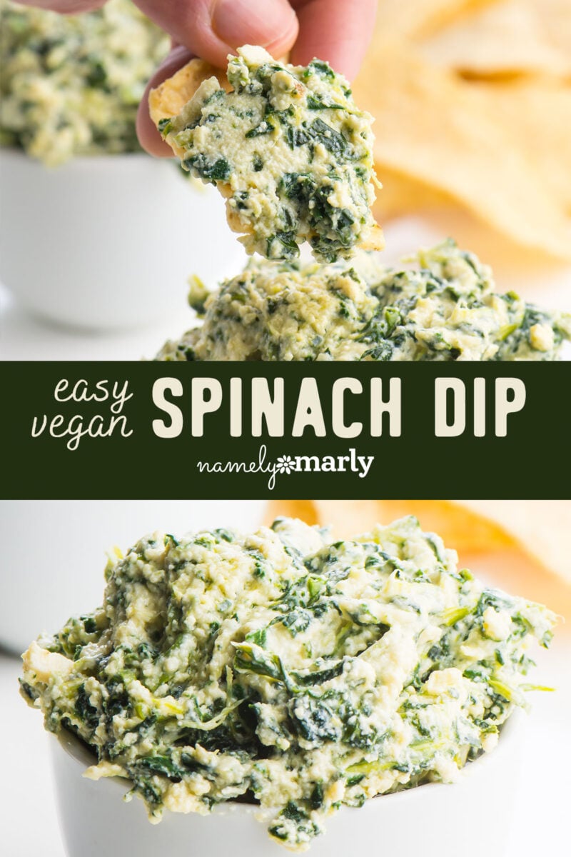 Easy Vegan Spinach Dip with an image above of a chip covered in spinach dip, and an image below of a bowl of spinach dip