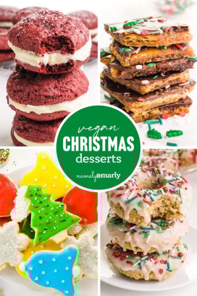 A collage of four images of food, liked red velvet whoopee pies, and Christmas crack has this text in the middle: Vegan Christmas Desserts.