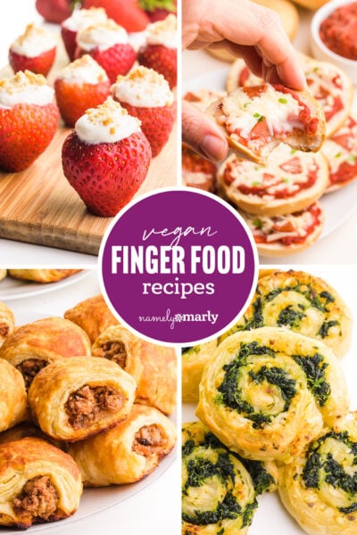 A collage of four images shows different appetizers. The text reads Vegan Finger Food Recipes.