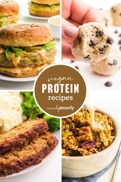 A collage of four images shows different dishes, like tofu sandwich, protein balls, and more. The text reads, Vegan Protein Recipes.