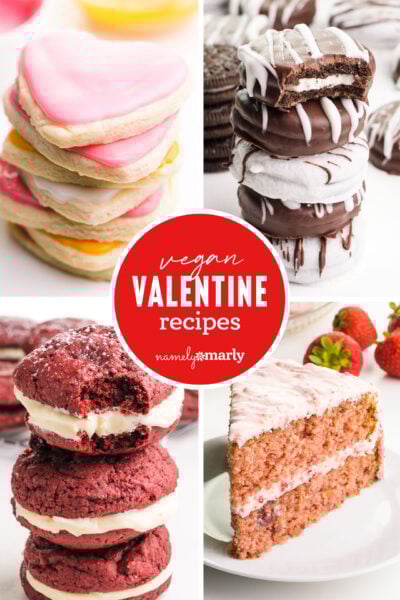 A collage of four images shows cookies, strawberry cake, and red velvet whoopie pies. The text reads, Vegan Valentine's Recipes.