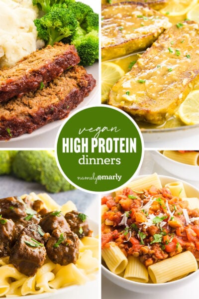 A collage of four images shows different vegan dinner dishes. The text reads, High Protein Vegan Dinners.