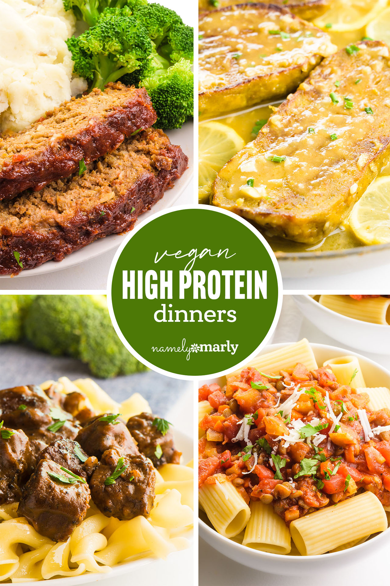 A collage of four images shows different vegan dinner dishes. The text reads, High Protein Vegan Dinners.