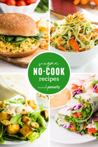 A collage of four images showing different recipes has this text in the middle, Vegan No-Cook Recipes.