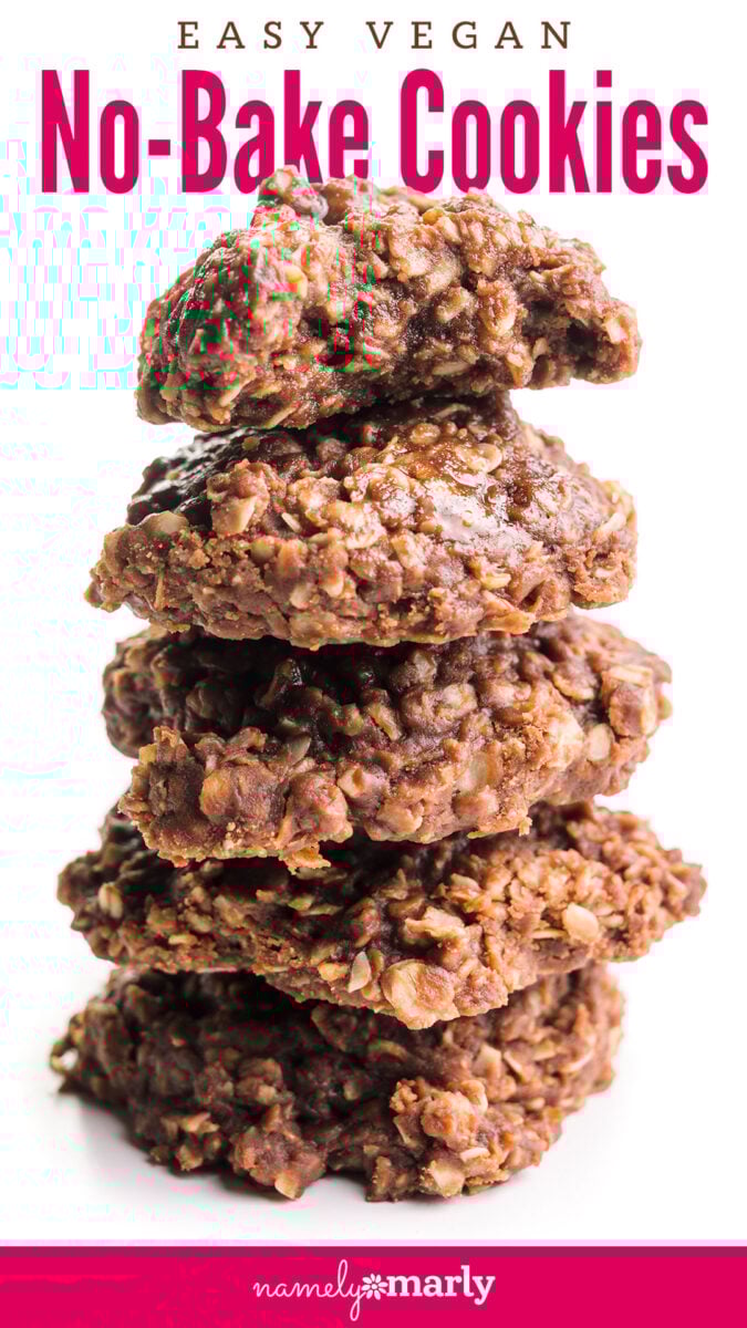 a stack of cookies in front of text that reads easy vegan no-bake cookies