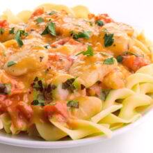 A plate of pasta is topped with Marry Me Butter Bean Sauce.