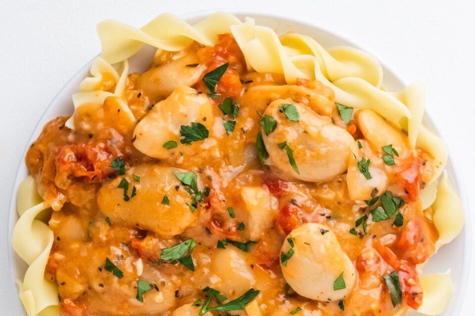 Looking down on a plate with noodles and a creamy sauce with beans.