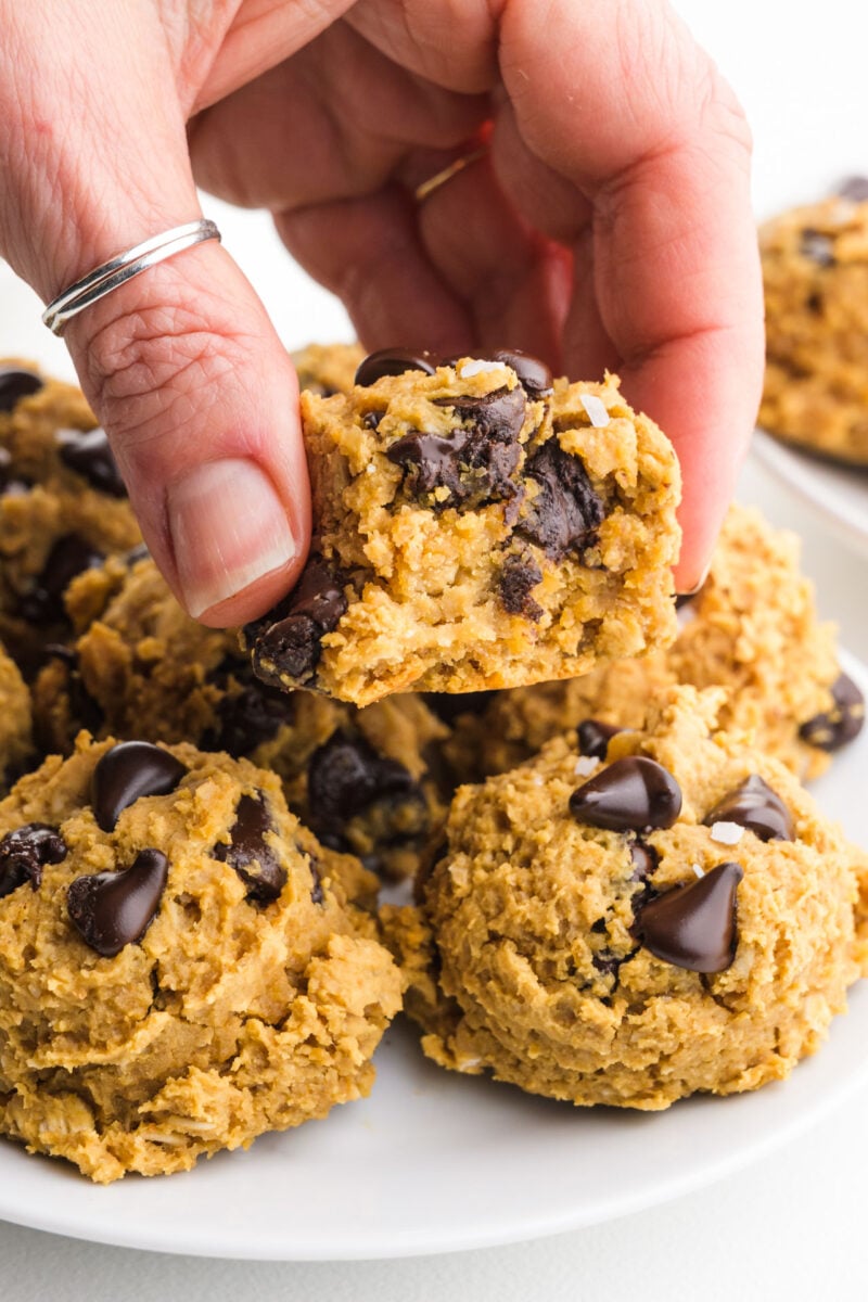 A hand holds a chickpea cookie with chocolate chips hovering over the rest of the plate with more cookies.